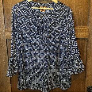 Tory Burch Gwenna Normandy Navy and White Geometric Ruffle V-Neck Tunic